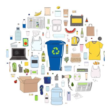 Çemberdeki çöpleri ayıklıyor. Çöp kutusunu geri dönüştür. Atık yönetimi. Çöpleri ayıklıyorum. Organik, metal, plastik, kağıt, cam, e-atık, özel, karışık çöp. El çizimi vektör illüstrasyonu.