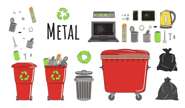 Zestaw Pojemników Śmieci Metalowymi Śmieciami Recykling Śmietników Pełnych Śmieci Gospodarka — Wektor stockowy