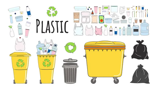 Plastik çöplerle dolu çöp kutuları. Çöplerle dolu çöp kutularını geri dönüştür. Atık yönetimi. Çöpleri ayıklamak çöp kutularına düşer. Yararlanma konsepti. El çizimi vektör illüstrasyonu.