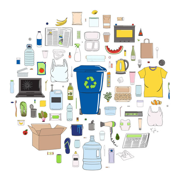Сортировка мусора по кругу. Переработать мусорный бак. Управление отходами. Сортирую мусор. Органические, металлические, пластиковые, бумажные, стеклянные, электронные отходы, специальные, смешанные отходы. Векторная иллюстрация
.