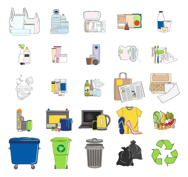 Ensemble Icônes Ordures Triées Recycler Les Poubelles Gestion Des Déchets — Image vectorielle