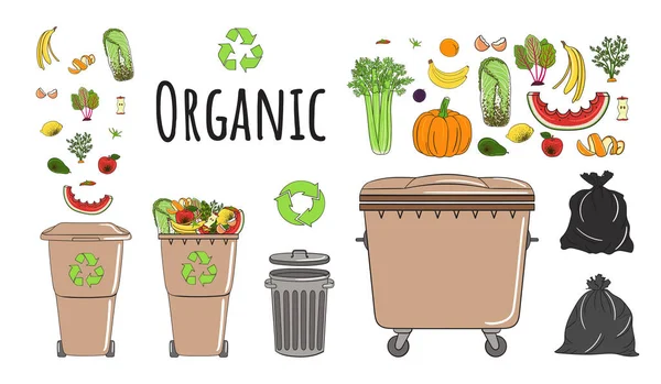 Set of garbage cans with organic garbage. Recycle trash bins full of trash. Waste management. Sorting garbage falls into bins. Utilization concept. Hand drawn vector illustration. — Stock Illustration Set Garbage Cans Organic Garbage Recycle Trash Bins Full Trash Vector Graphics