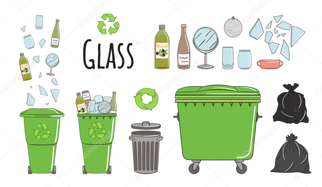 Set of garbage cans with glass garbage. Recycle trash bins full of trash. Waste management. Sorting garbage falls into bins. Utilization concept. Hand drawn vector illustration.
