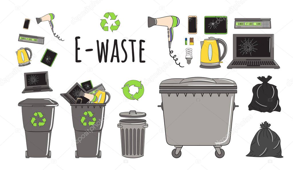 Set of garbage cans with e-waste garbage. Recycle trash bins full of trash. Waste management. Sorting garbage falls into bins. Utilization concept. Hand drawn vector illustration.