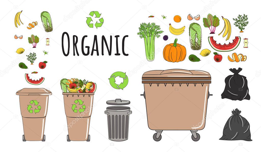 Set of garbage cans with organic garbage. Recycle trash bins full of trash. Waste management. Sorting garbage falls into bins. Utilization concept. Hand drawn vector illustration.