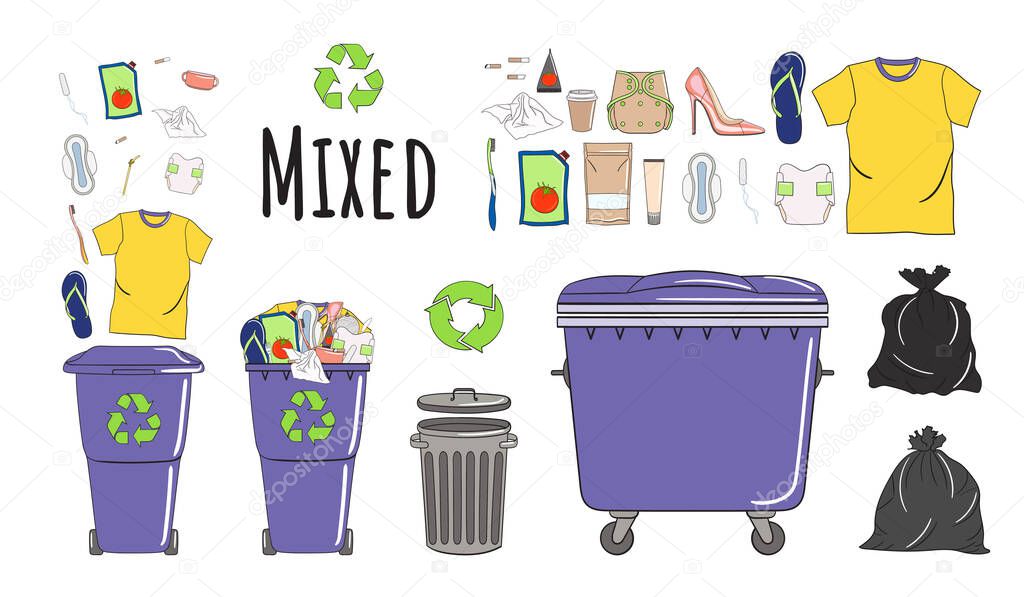 Set of garbage cans with mixed garbage. Trash bins full of rubbish. Waste management. Sorting garbage falls into bins. Non recyclable garbage. Hand drawn vector illustration.