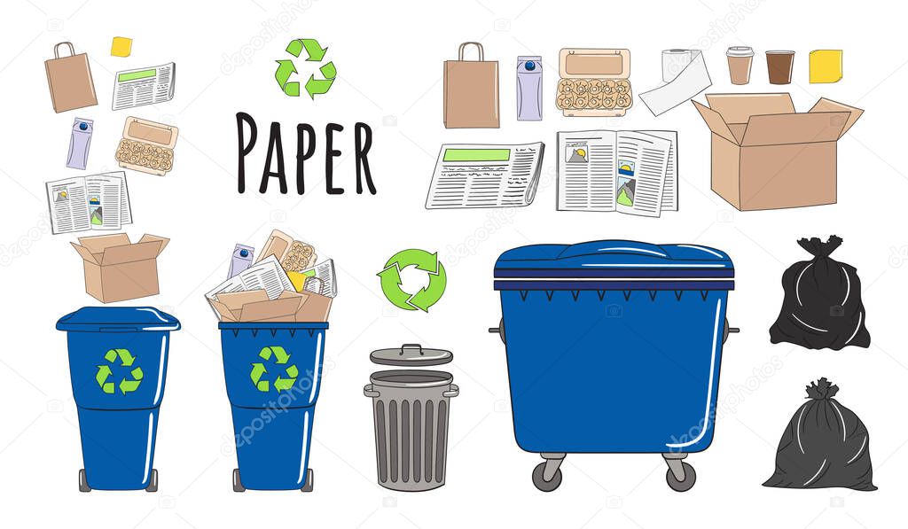 Set of garbage cans with paper garbage. Recycle trash bins full of trash. Waste management. Sorting garbage falls into bins. Utilization concept. Hand drawn vector illustration.