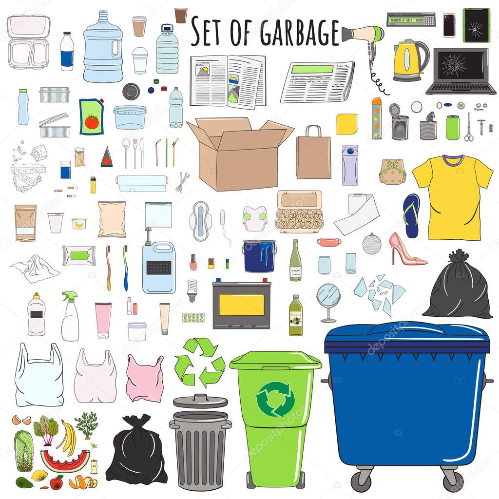 Set of sorted garbage. Recycle trash bins. Waste management. Sorting garbage. Organic, metal, plastic, paper, glass, e-waste, special, mixed trash. Hand drawn vector illustration.