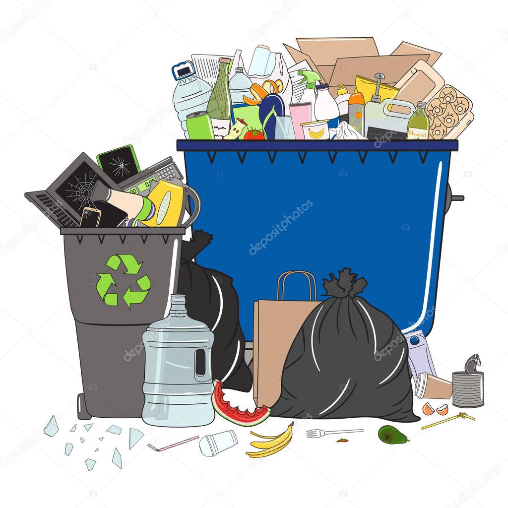 Trash cans full of garbage and pile of garbage. Waste management. Garbage pollution. Overflowing rubbish, food, metal, plastic, paper, glass, mixed trash. Recycling. Hand drawn vector illustration.