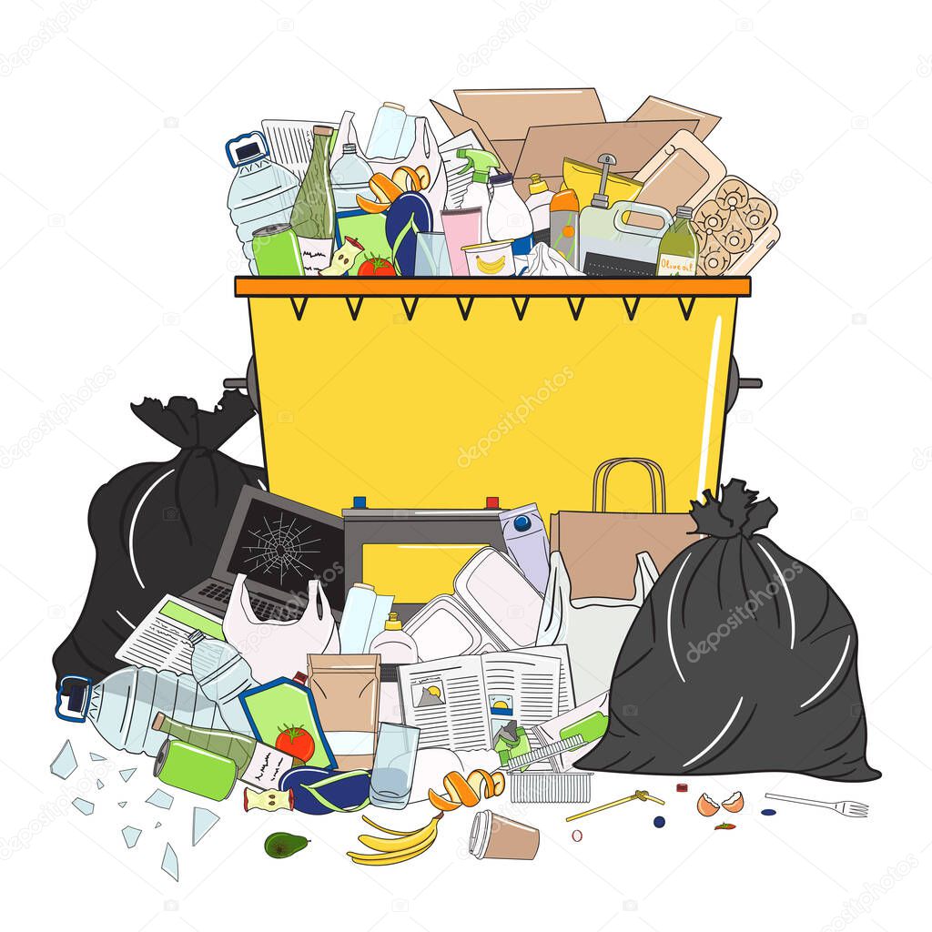 Trash can full of garbage and pile of garbage. Waste management. Garbage pollution. Overflowing rubbish, food, metal, plastic, paper, glass, mixed trash. Recycling. Hand drawn vector illustration.