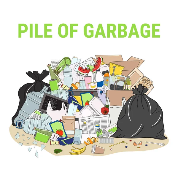 Pile Garbage Overflowing Rubbish Food Metal Plastic Paper Glass Mixed — Stock Vector