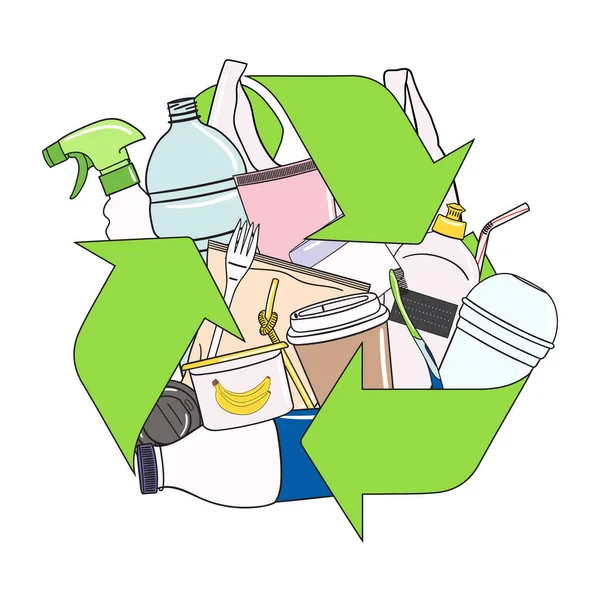 Lixo Plástico Símbolo Reciclagem Garrafa Tubo Escova Palha Recipiente Garfo —  Vetores de Stock