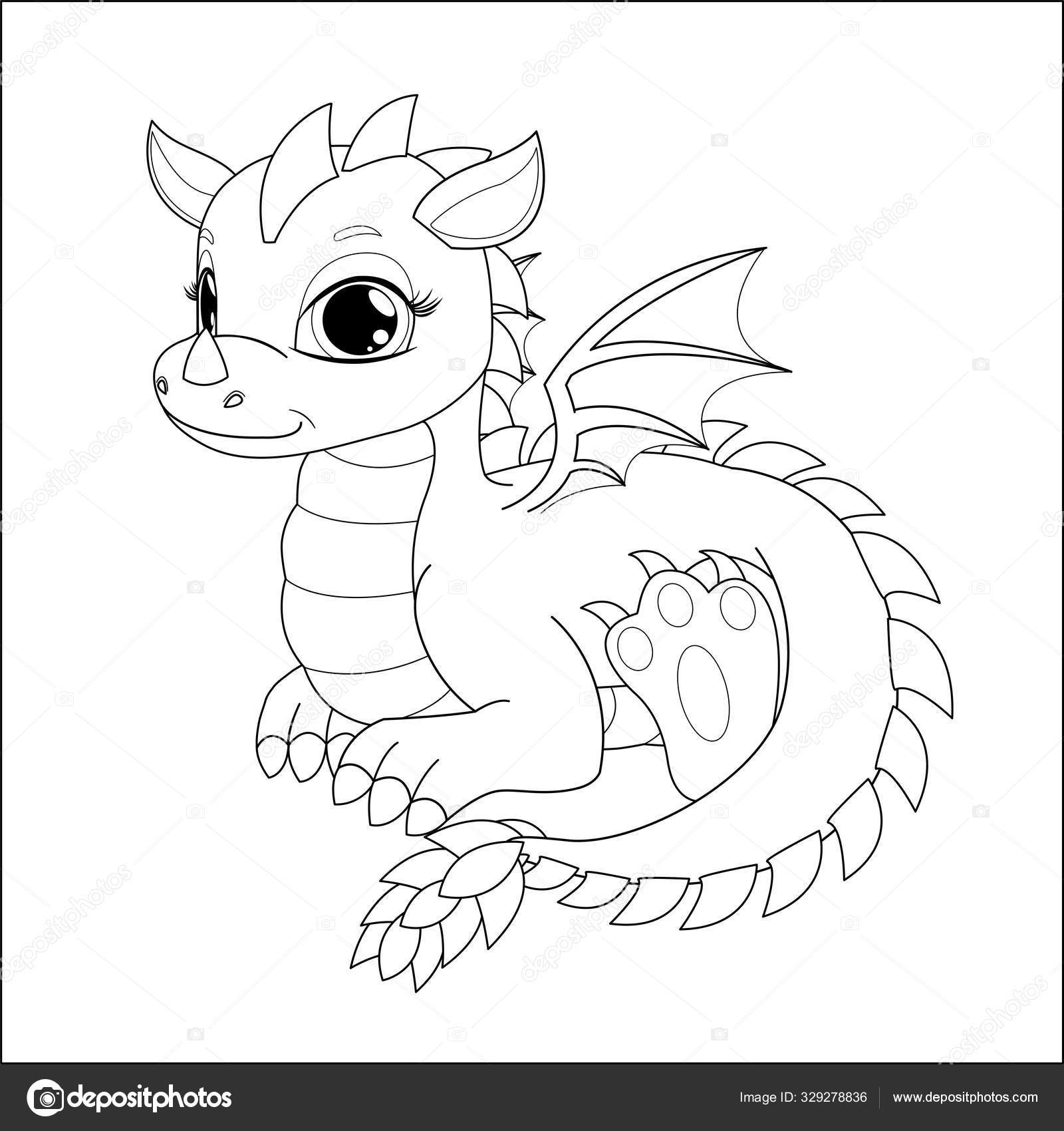 Coloring Page Kids Funny Cartoon Dragon Cute Hand Drawn Fantasy