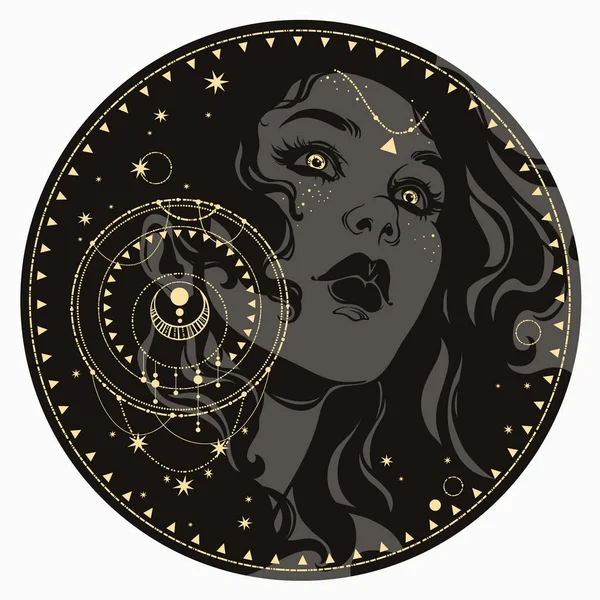 Mystisches Gesicht eines Mädchens mit goldenen alchemistischen Symbolen. — Stockvektor