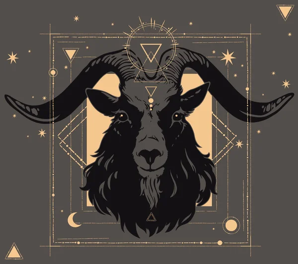 Sparkling Golden Goat Head Alchemical Symbols — Stock Vector