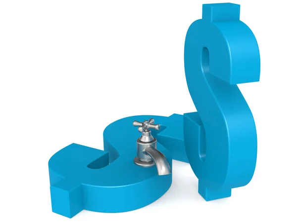 Modrý znak dolaru s vodovodní kohoutek — Stock fotografie