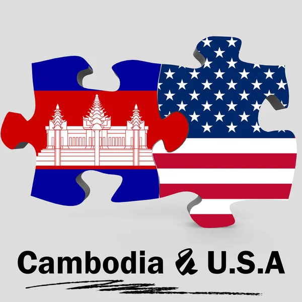 USA och Kambodja flaggor i pussel — Stockfoto