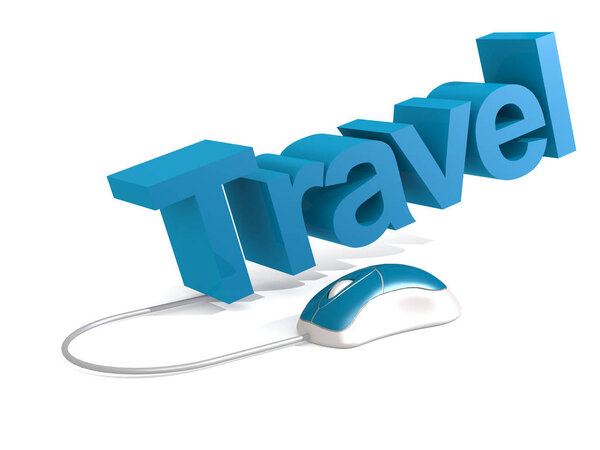 Travel word with blue mouse, 3D rendering