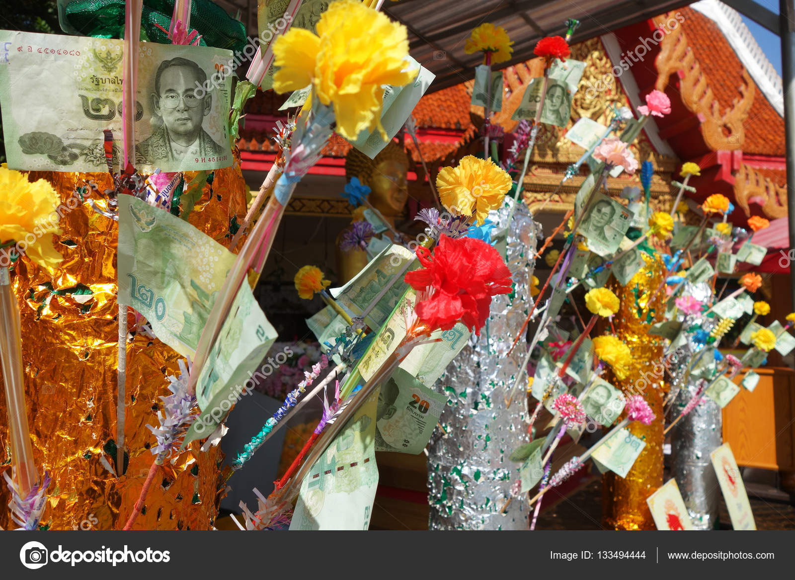 Thai Bill On A Money Tree In Wat Khao Phra Bat Pattaya Stock - thai bill on a money tree in wat khao phra bat pattaya stock photo