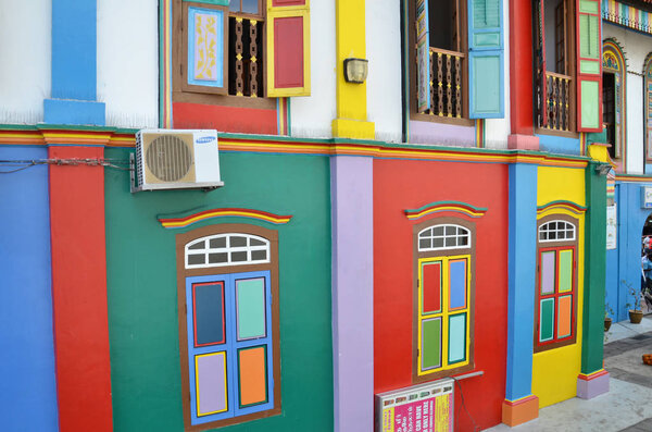 Colorful windows and details on a colonial house in Little India, Singapore