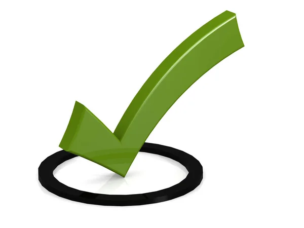 Green tick in the black round box — Stock Photo, Image