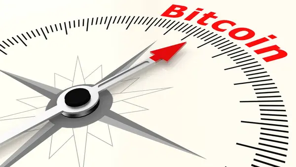 Kompas z strzałka skierowana do słowa Bitcoin — Zdjęcie stockowe
