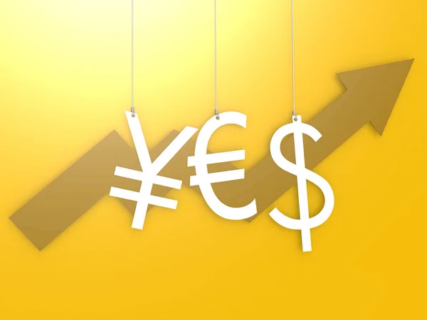 Euro dollaro yen segno appendere con sfondo giallo — Foto Stock