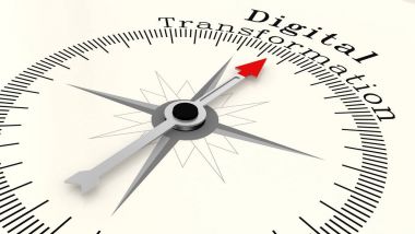 Compass with arrow pointing to the word Digital Transformation clipart