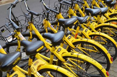 Düzgün bir satırda düzenlenen Bisiklet paylaşılan.