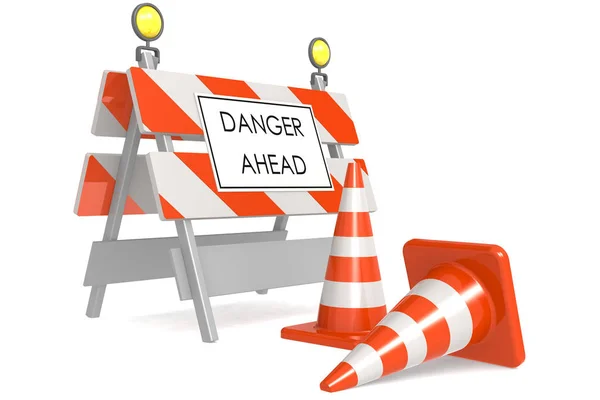 Perigo à frente sinal com cones de tráfego — Fotografia de Stock