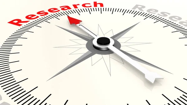 Compass with arrow pointing to the word research — Stock Photo, Image