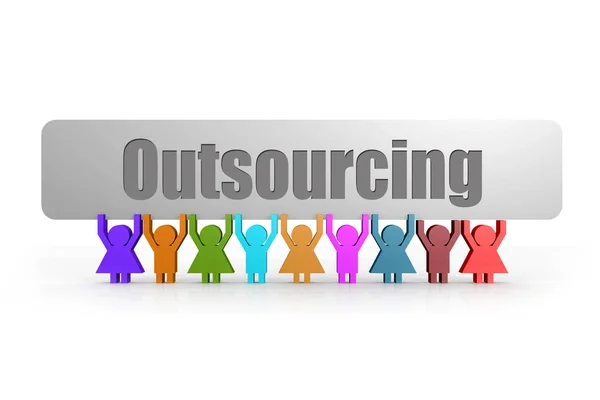 Outsourcing word on a banner hold by group of puppets — Stock Photo, Image