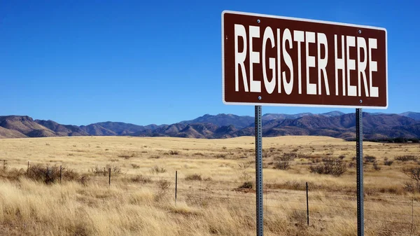 Registrarse aquí marrón señal de tráfico — Foto de Stock