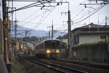 Sagano yerel treni sonbaharda Arashiyama 'dan geçer.
