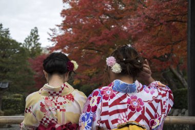 Ziyaretçiler, Kyoto 'nun Arashiyama kentindeki Tenryuji bahçelerinde sonbaharın keyfini çıkarıyorlar