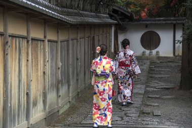 Geleneksel Japon kimonosu giyen Asyalı gezgin Ky 'da yürüyor.