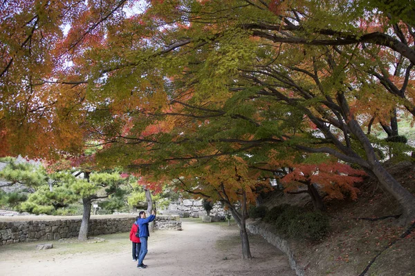 Turyści oglądać piękne jesienne urlopu wokół Himeji jesienią se — Zdjęcie stockowe