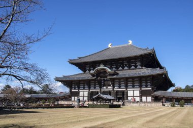 İnsanlar Japonya, Nara 'daki Todaiji Tapınağını ziyaret ediyor.