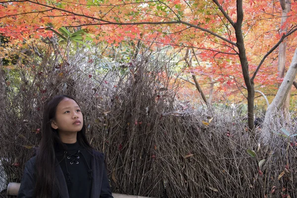 Aziatische vrouw staat tussen herfst verlof en gelukkig met colorf — Stockfoto
