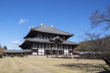 İnsanlar Japonya, Nara 'daki Todaiji Tapınağını ziyaret ediyor.