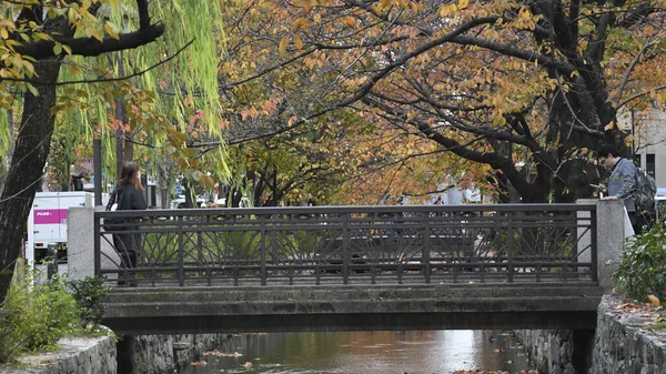 Όμορφη θέα του ποταμού Takase με άδεια το φθινόπωρο στο Κιότο, Ιαπωνία — Φωτογραφία Αρχείου