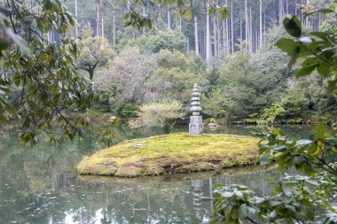 Taş Buddha, Kinkakuji 'nin bahçesinde oymacılık yapıyor.