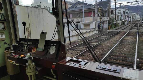 View from inside of retro-style tram of Randen Kitano Line in Ky — Stock Photo, Image