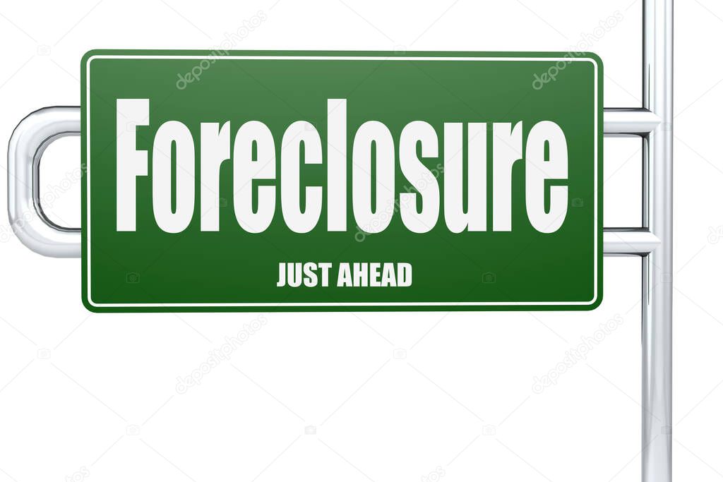 Foreclosure word on green road sign, 3D rendering