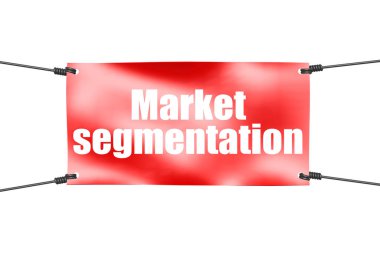 Market bölümleme kelimesi kırmızı pankarta bağlanmış, 3D biçimlendirilmiş