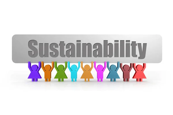 Palavra Sustentabilidade Banner Segure Por Grupo Fantoches Renderização — Fotografia de Stock