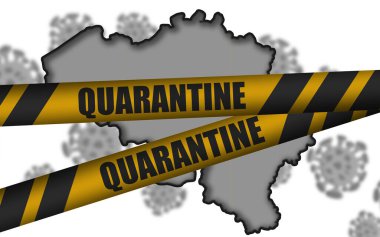 Belçika 'da karantina pankartıyla COVID-19 salgını. 3d oluşturma