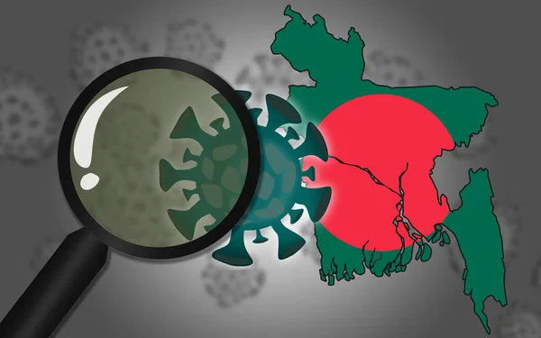 Bangladesh map with coronavirus under magnifier, 3D rendering