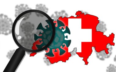 Büyüteç altında Coronavirus ile İsviçre haritası, 3D görüntüleme