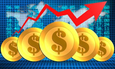 Kırmızı oklu altın paralar yükseliyor. 3d oluşturma